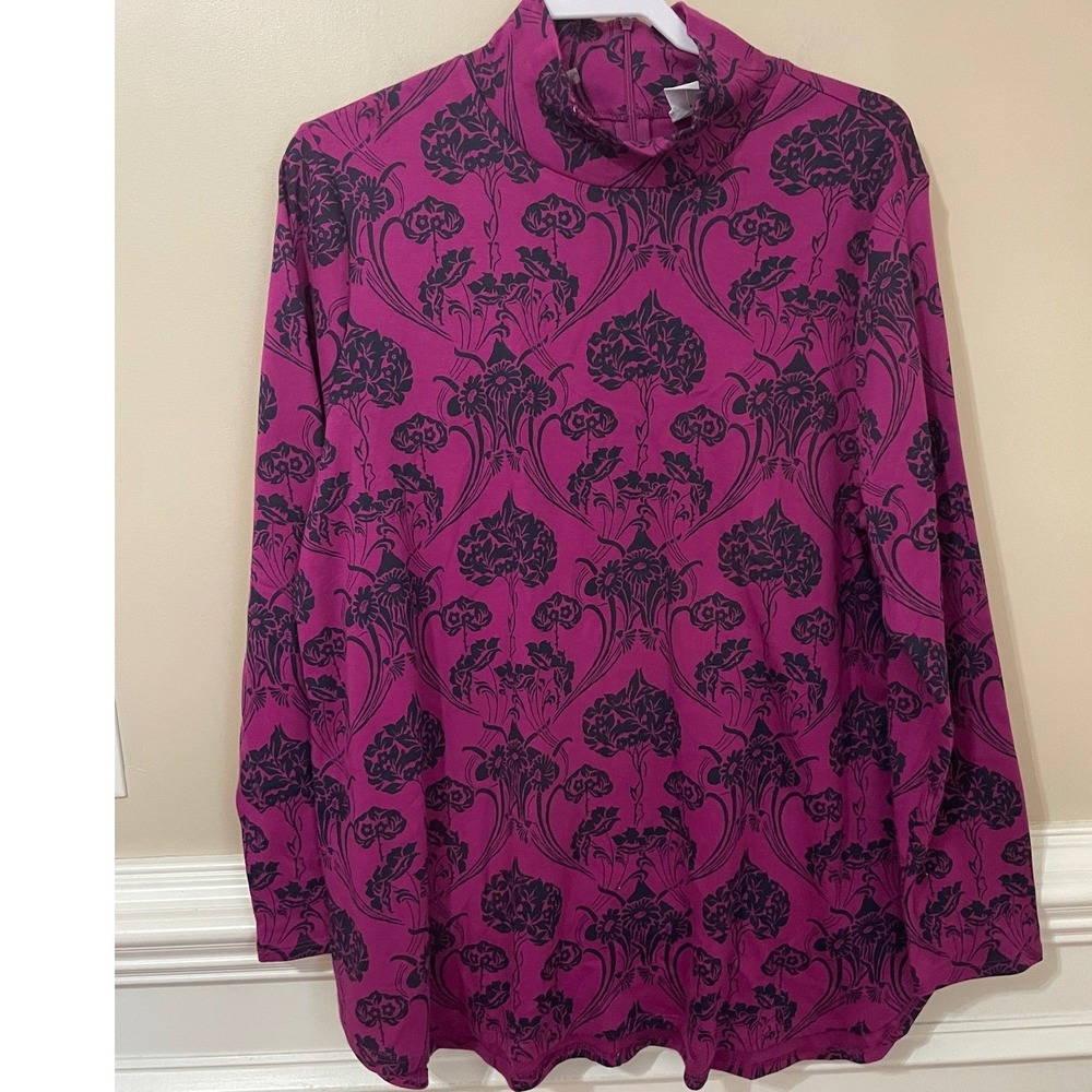 Chicos Plum Berry Floral Mock Neck Tunic Knit Top 100% Pima Cotton Size XL (3)
